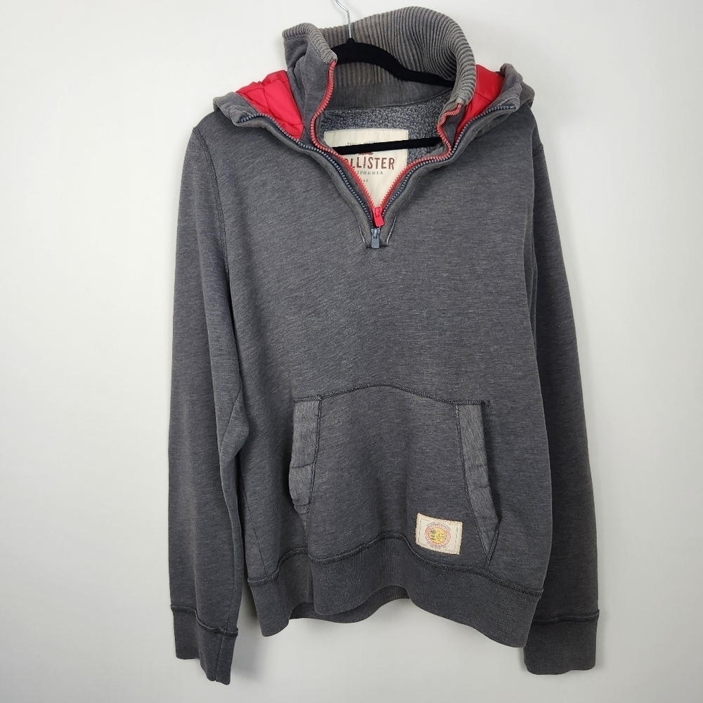 Hollister VTG Y2K 2000s Skater Half Zip Hooded Sweatshirt Grey Hoodie Size XL